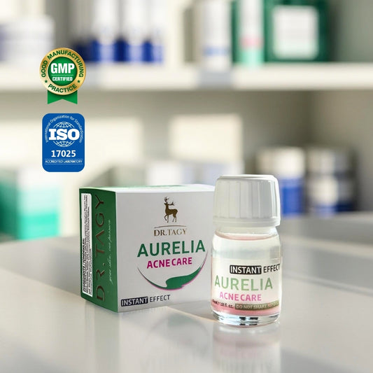 Dr. Tagy Aurelia Acne Care product with box and bottle on a clean pharmacy-style background — helps reduce the appearance of acne and soothe irritated skin.