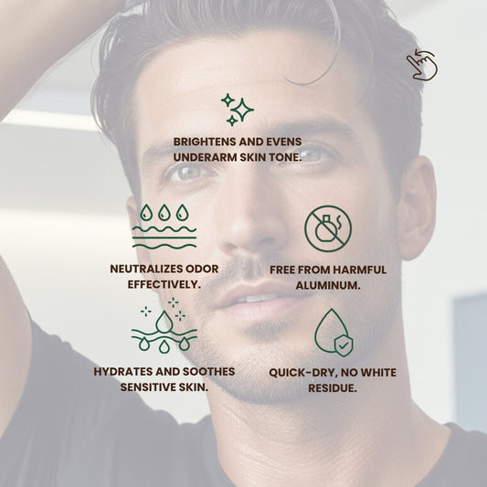 Man showing underarm skin while highlighting Dr. Tagy Underarm Brightening & Corrector Cream benefits — brightens dark underarms, evens skin tone, neutralizes odor, hydrates sensitive skin, and is free from harmful aluminum.