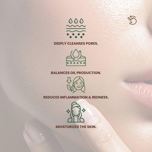 Infographic showing the benefits of Dr. Tagy Acne Serum: deeply cleanses pores, balances oil production, reduces inflammation and redness, and moisturizes the skin, with clean minimal green icons on a soft beige background.