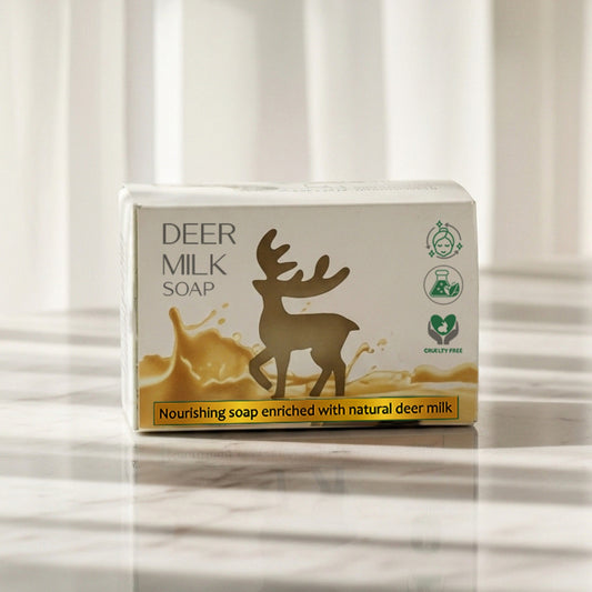 Deer Milk Soap by Dr. Tagy – natural brightening and moisturizing luxury bar made with pure deer milk, shown in elegant packaging on a marble surface.