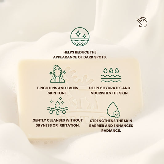 Dr. Tagy Deer Milk Soap benefits — brightens and evens skin tone, deeply hydrates, reduces dark spots, and strengthens the skin barrier with gentle cleansing icons on a white background.
