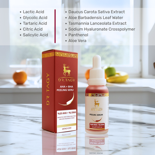 Dr. Tagy AHA + BHA Peeling Serum with packaging box and key ingredients list displayed on a marble surface.