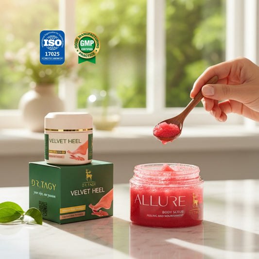 Dr. Tagy Velvet Heel cream and Allura body scrub displayed on a table with a hand holding a spoon of red scrub.
