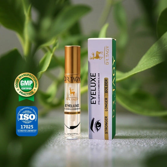 Eyeluxe Eyelash Intensive Serum by Dr. Tagy — lash and brow growth serum bottle with box and certification logos (GMP, ISO) on a natural green background.