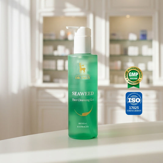 Dr. Tagy Seaweed Face Cleansing Gel with ISO 17025 and GMP certified labels, herbal extract deep cleansing face wash placed on a bright bathroom background.