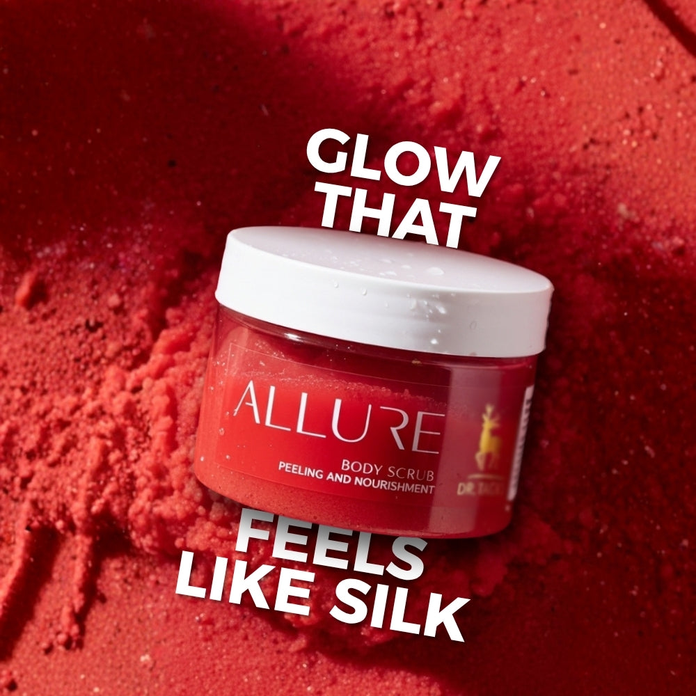 Allure Body Scrub on red background with text “Glow that feels like silk.”