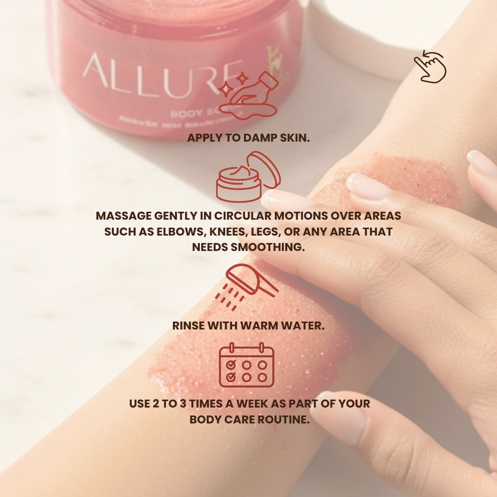 Allure Body Scrub with usage instructions — apply to damp skin, massage gently, rinse, and use 2–3 times weekly.