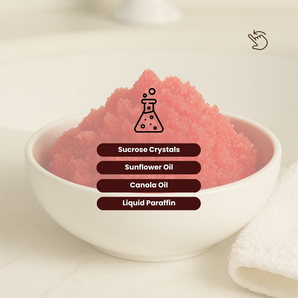Dr. Tagy Allure Body Scrub ingredients — sucrose crystals, sunflower oil, canola oil, and liquid paraffin.