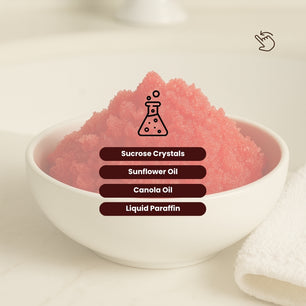 Dr. Tagy Allure Body Scrub ingredients — sucrose crystals, sunflower oil, canola oil, and liquid paraffin.