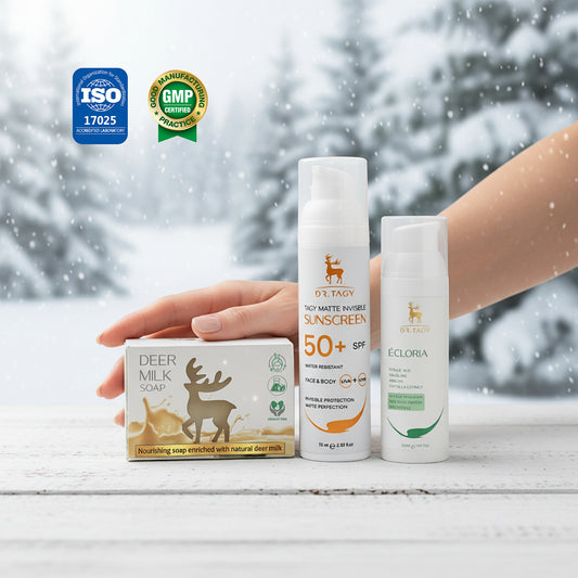 DR TAGY daily skincare set featuring Deer Milk Soap, Ecloria moisturizing cream, and SPF50+ sunscreen, placed on a snowy background with ISO and GMP certification logos.