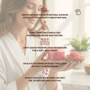 Woman holding Dr. Tagy Allure Body Scrub jar with product benefits listed beside her, highlighting natural sucrose exfoliation, nourishing oils, and a refreshing watermelon scent for smooth, glowing skin.