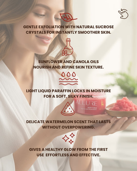 Woman holding Dr. Tagy Allure Body Scrub jar with product benefits listed beside her, highlighting natural sucrose exfoliation, nourishing oils, and a refreshing watermelon scent for smooth, glowing skin.