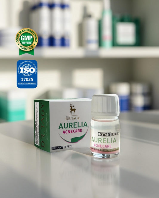 Dr. Tagy Aurelia Acne Care product with box and bottle on a clean pharmacy-style background — helps reduce the appearance of acne and soothe irritated skin.