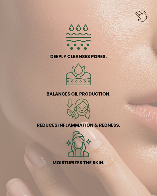 Illustrated benefits of Dr. Tagy Aurelia Acne Care: deeply cleanses pores, balances oil production, helps reduce redness, and moisturizes the skin — shown on a close-up skin background.
