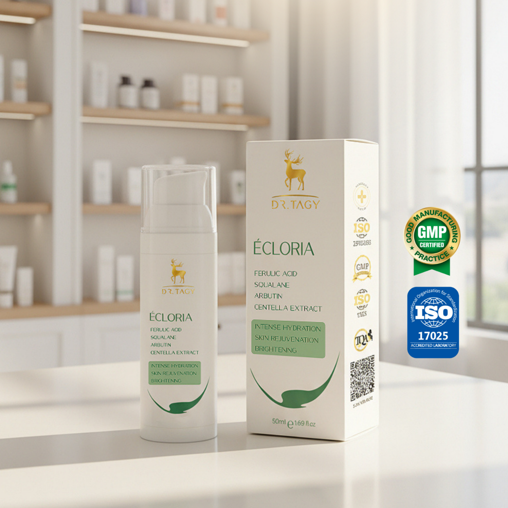 Dr. Tagy ÉCLORIA serum with box and certification logos (GMP, ISO) displayed on a shelf background – brightening and firming skincare product