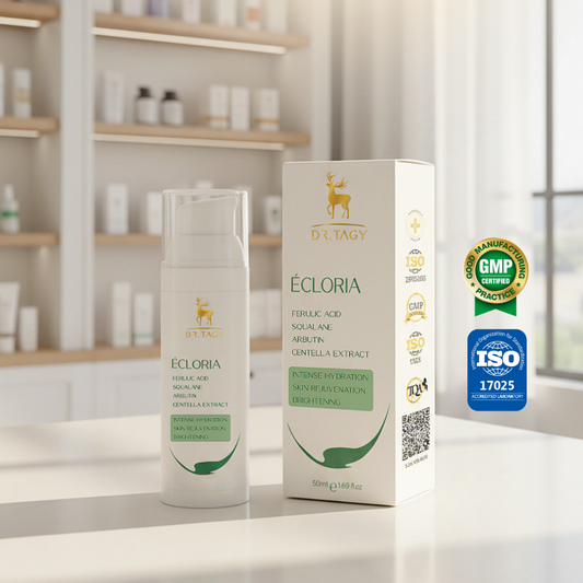 Dr. Tagy ÉCLORIA serum with box and certification logos (GMP, ISO) displayed on a shelf background – brightening and firming skincare product