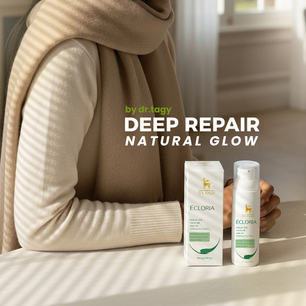 Dr. Tagy ÉCLORIA skincare products displayed on a table with the text “Deep Repair Natural Glow” – brightening and repairing serum for healthy skin.
