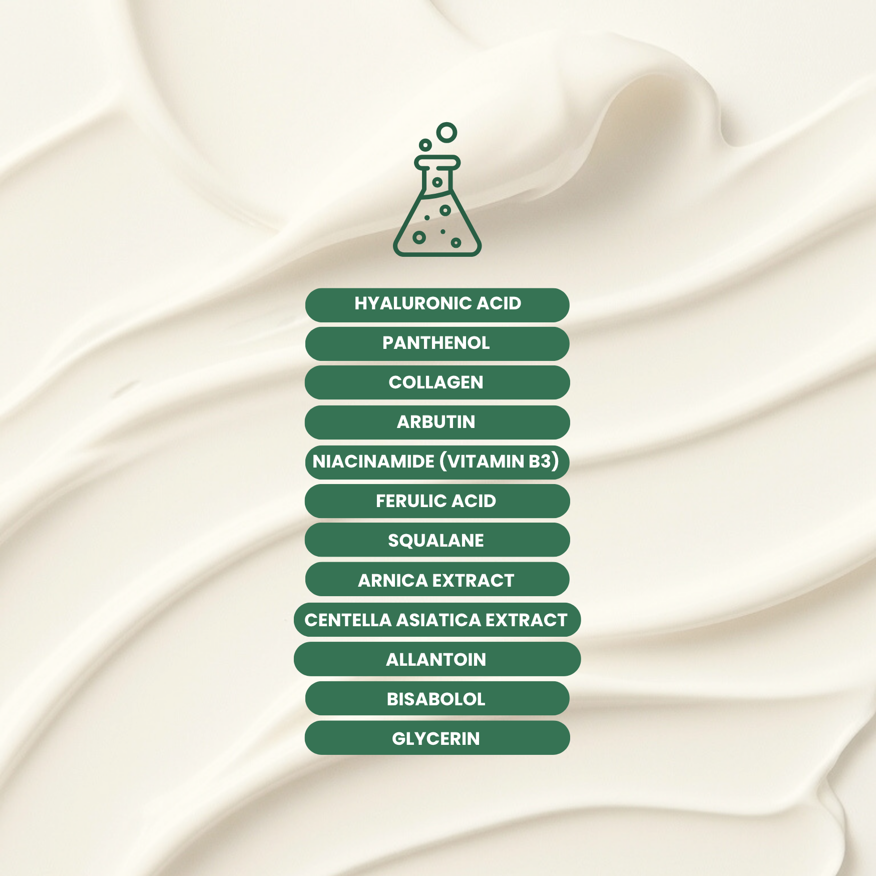 Dr. Tagy ÉCLORIA serum ingredients list featuring Hyaluronic Acid, Collagen, Niacinamide, and botanical extracts – brightening and hydrating skincare formula