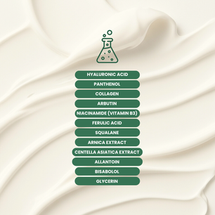 Dr. Tagy ÉCLORIA serum ingredients list featuring Hyaluronic Acid, Collagen, Niacinamide, and botanical extracts – brightening and hydrating skincare formula