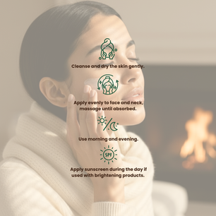 Woman applying Dr. Tagy ÉCLORIA serum to face with step-by-step usage instructions: cleanse, apply evenly, massage, and use morning and evening – blurred soft background.