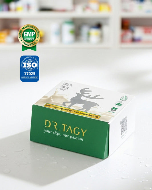 Box of Dr. Tagy Deer Milk Soap displayed on a white surface with GMP and ISO certification logos, representing premium quality and natural skincare standards.