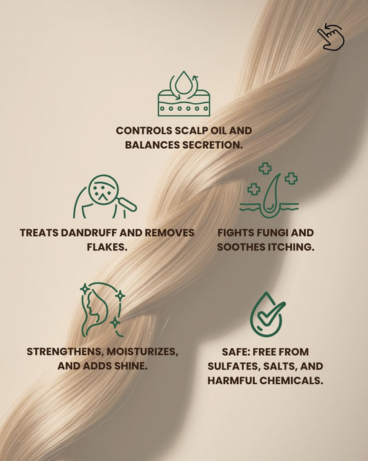 Infographic showing key benefits of Dr. Tagy Gleam Guard Shampoo — controls scalp oil, treats dandruff, fights itching, strengthens hair, and is free from sulfates, salts, and harmful chemicals, on a beige background with hair strands.