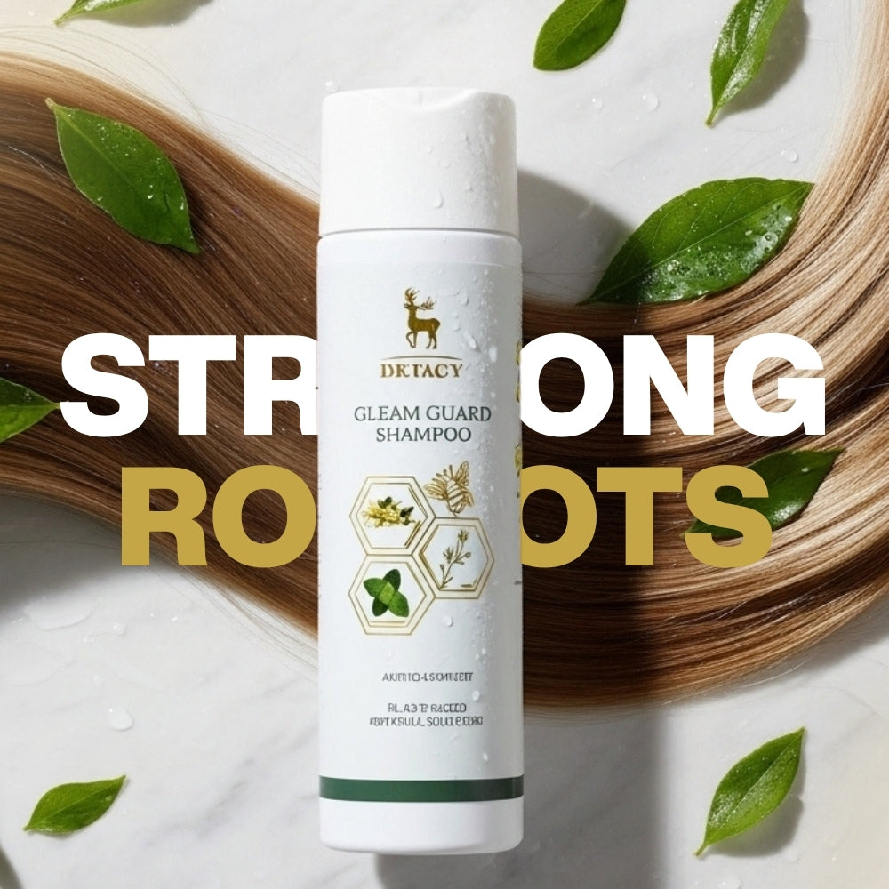 Promotional image of Dr. Tagy Gleam Guard Shampoo bottle placed on a marble surface with green leaves and long, shiny hair strands in the background, featuring the text “Strong Roots.”