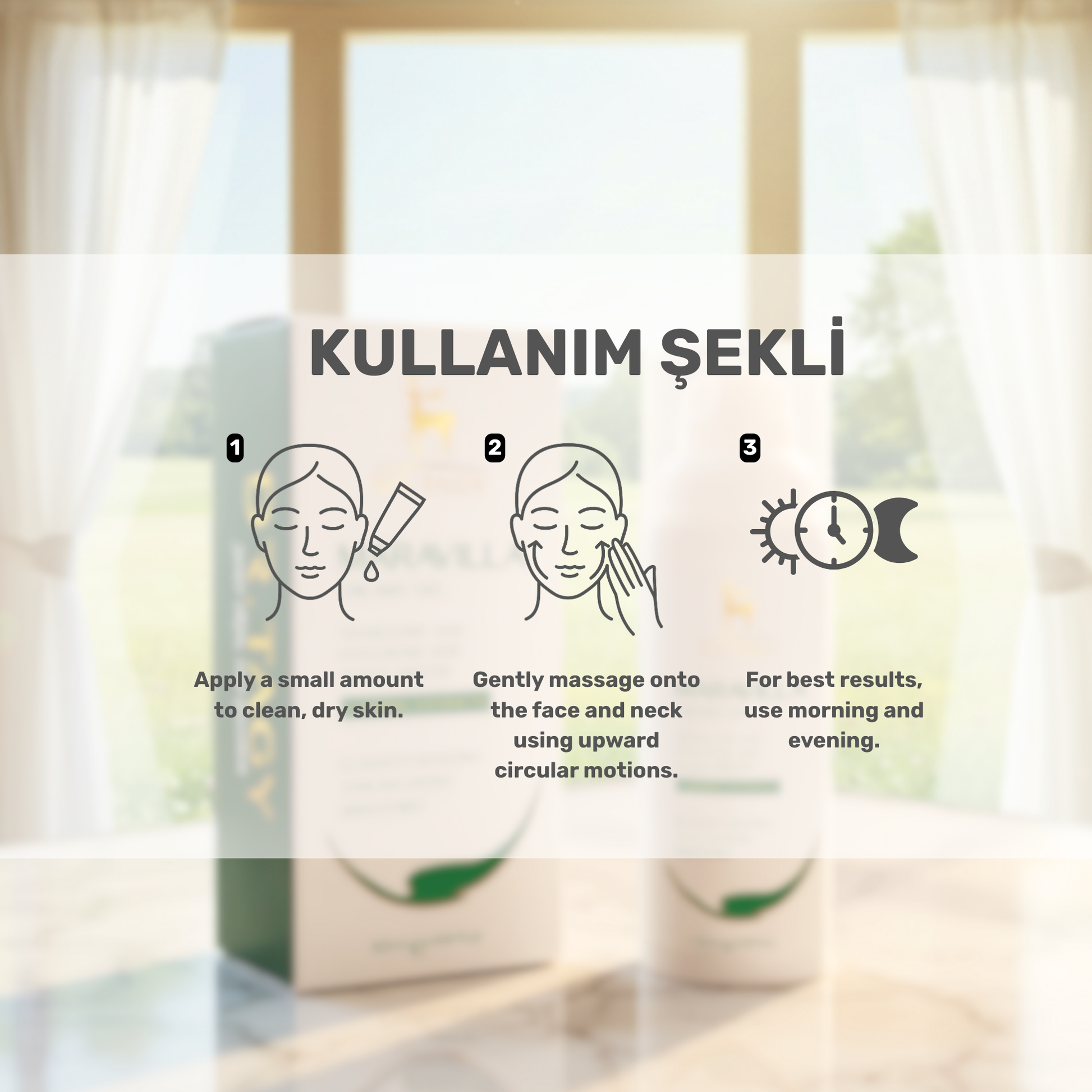 Illustrated skincare application guide showing how to apply Dr. Tagy Maravilla Creamy Gel: apply a small amount to clean skin, massage gently in circular motions, and use morning and evening.