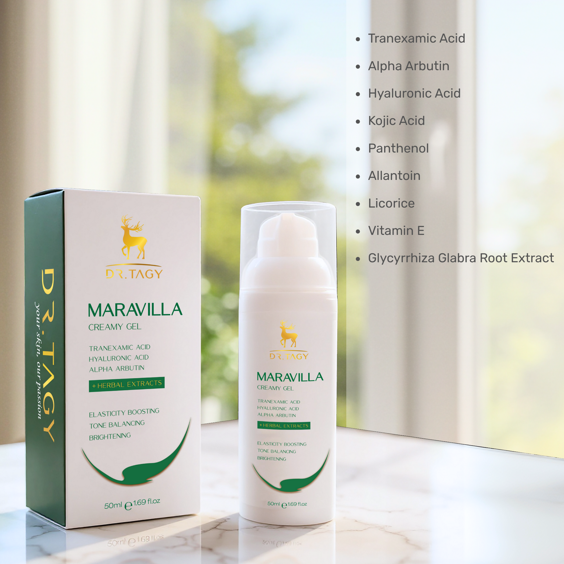 Dr. Tagy Maravilla Creamy Gel bottle and packaging on a marble surface with ingredient list on the side, showing key actives like Tranexamic Acid, Alpha Arbutin, and Hyaluronic Acid.
