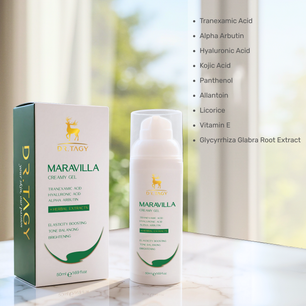 Dr. Tagy Maravilla Creamy Gel bottle and packaging on a marble surface with ingredient list on the side, showing key actives like Tranexamic Acid, Alpha Arbutin, and Hyaluronic Acid.
