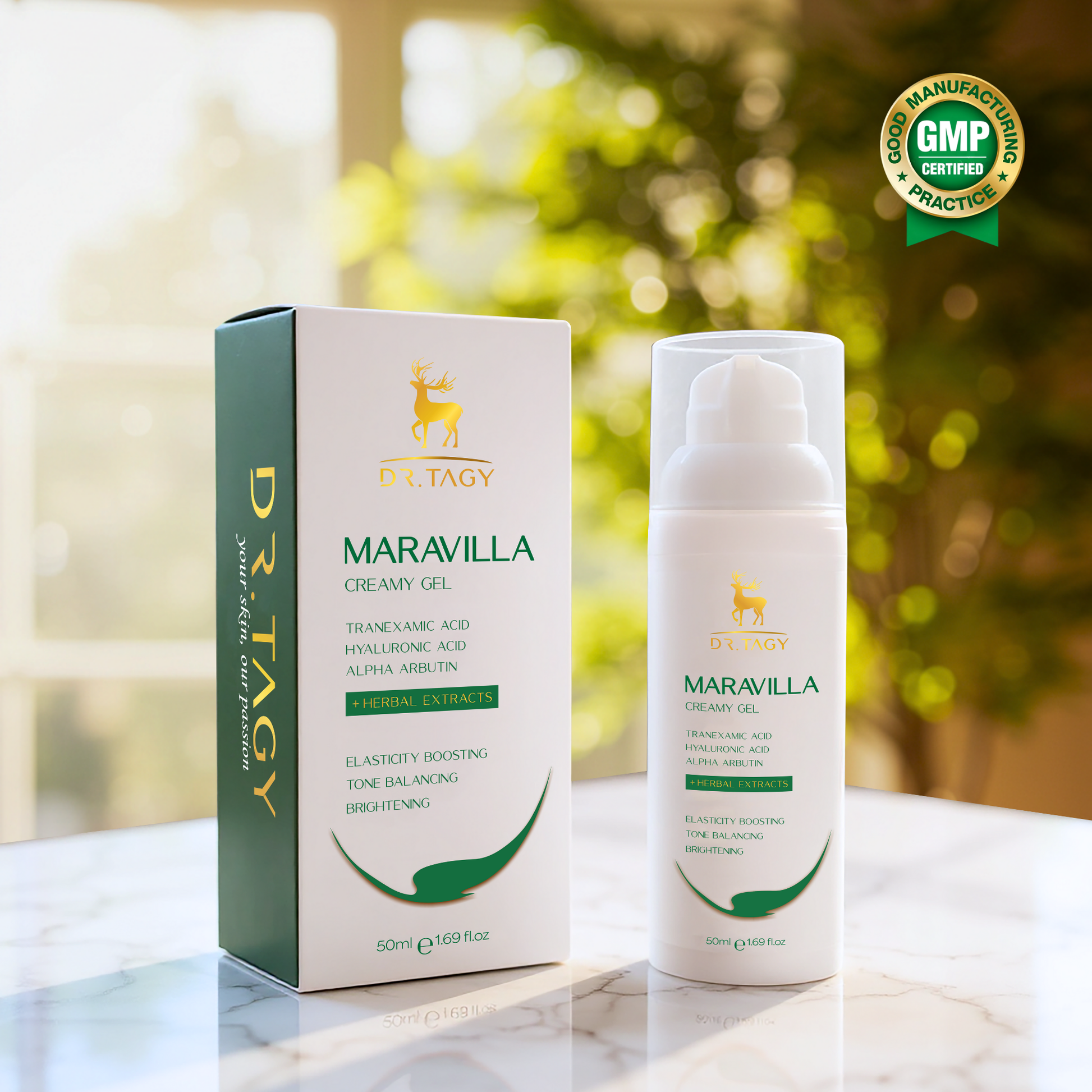 Dr. Tagy Maravilla Creamy Gel bottle and box displayed on a marble surface with a green nature background, showing the product’s brightening and hydrating formula.
