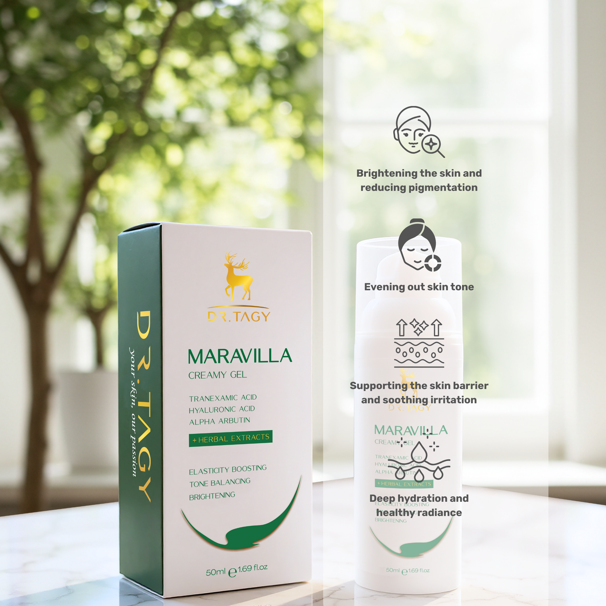 Dr. Tagy Maravilla Creamy Gel bottle and packaging on a marble surface with icons describing benefits like brightening the skin, evening skin tone, soothing irritation, and deep hydration, against a natural green background.