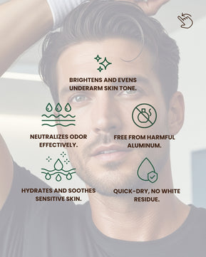 Man showing underarm skin while highlighting Dr. Tagy Underarm Brightening & Corrector Cream benefits — brightens dark underarms, evens skin tone, neutralizes odor, hydrates sensitive skin, and is free from harmful aluminum.
