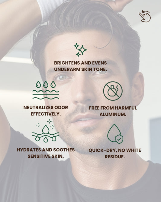 Man showing underarm skin while highlighting Dr. Tagy Underarm Brightening & Corrector Cream benefits — brightens dark underarms, evens skin tone, neutralizes odor, hydrates sensitive skin, and is free from harmful aluminum.