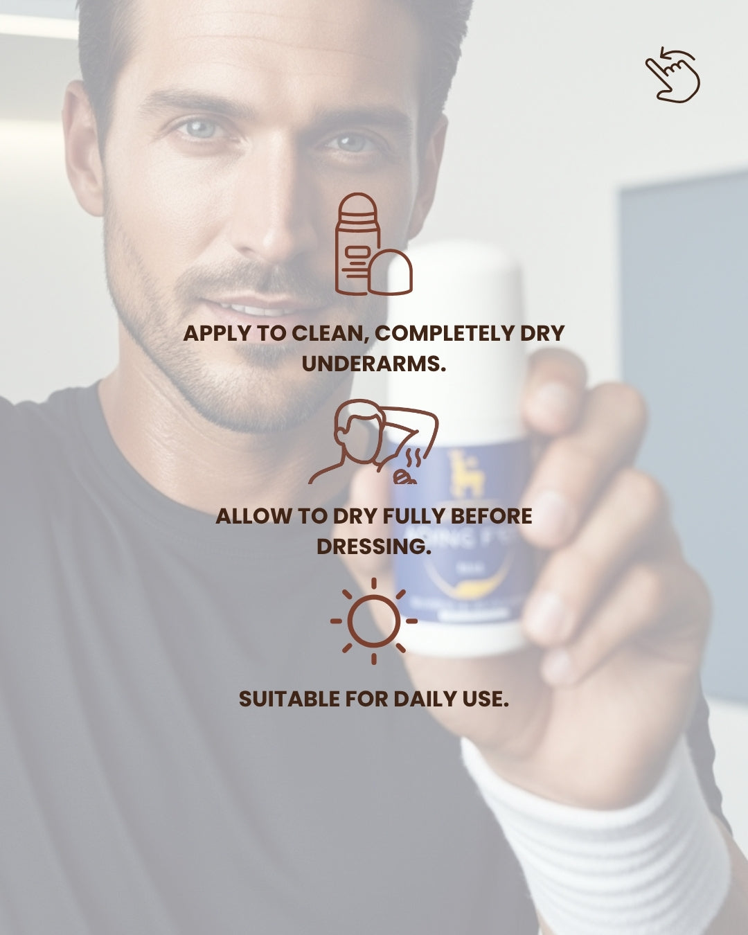 Man holding Dr. Tagy Underarm Brightening & Corrector Cream with application instructions — apply to clean, dry underarms, allow to dry fully before dressing, suitable for daily use.