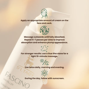 Skincare application instructions for Fascino cream displayed with icons on a soft beige background.