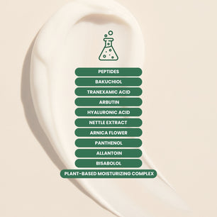 List of Fascino cream key ingredients displayed on a beige background with a soft skincare texture behind it.