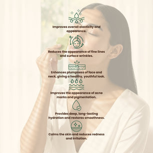 Woman using a gua sha tool with text displaying the skincare benefits of Fascino cream on a soft beige background.