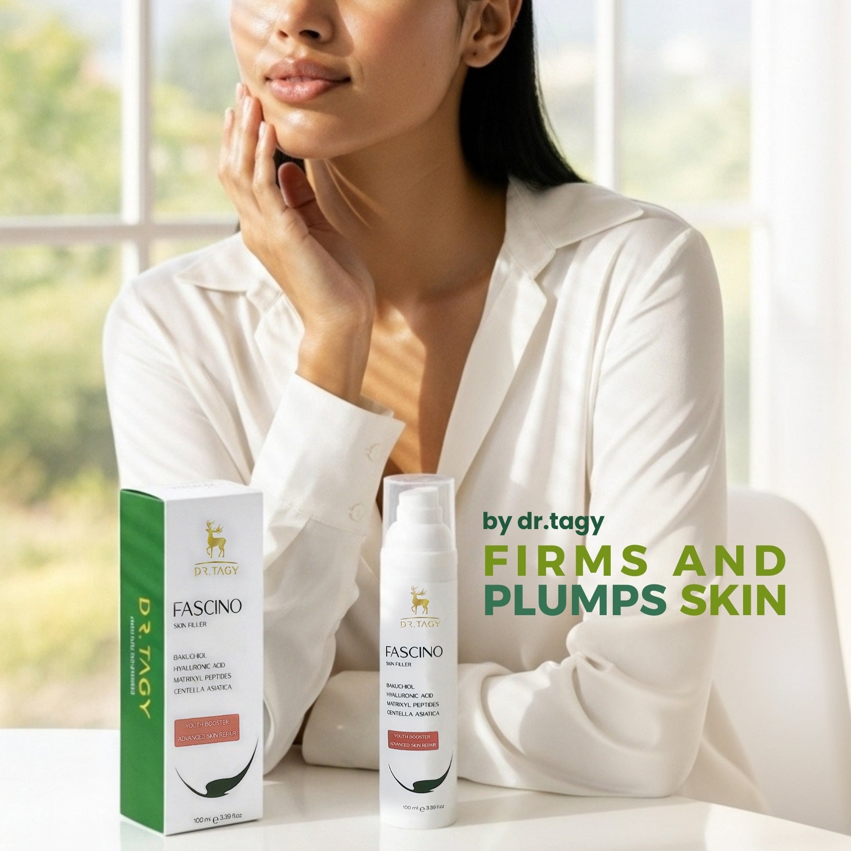 Woman posing beside Fascino skincare products on a table, with text highlighting the cream’s firming and plumping benefits.