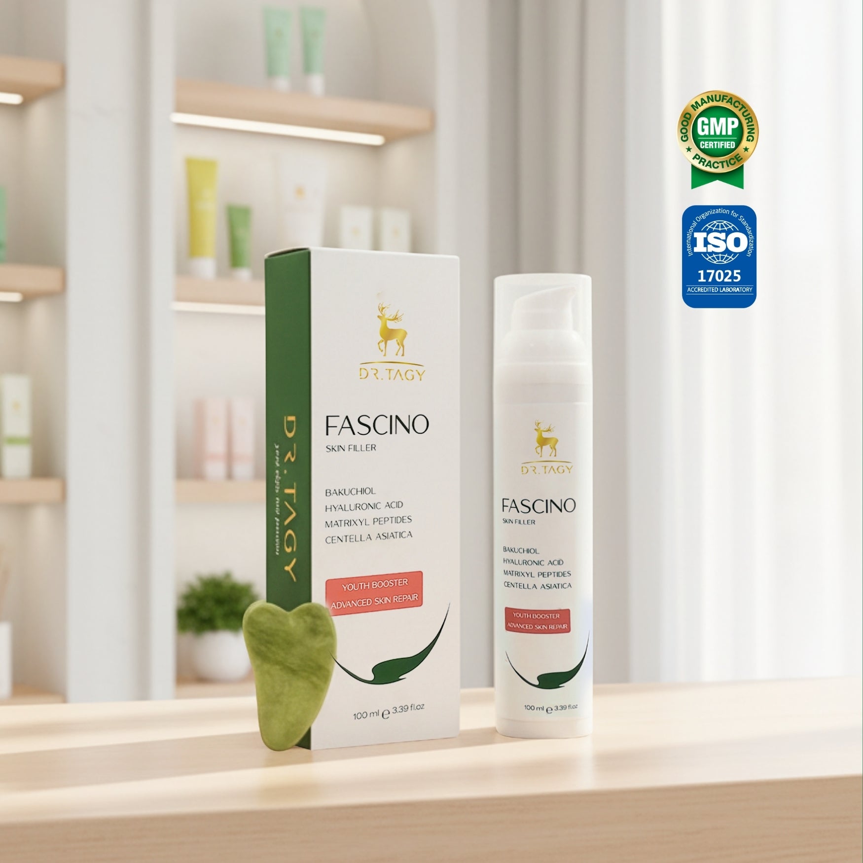 Fascino Skin Filler cream with box placed on a wooden surface, with GMP and ISO certification logos in the background.