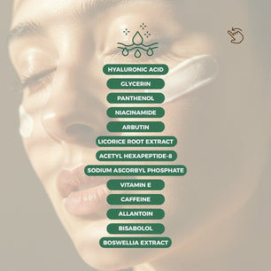 Dr. Tagy OCULi Eye Cream ingredients list displayed on the background of a woman’s face, featuring hyaluronic acid, niacinamide, arbutin, peptides, caffeine, and vitamin C & E.