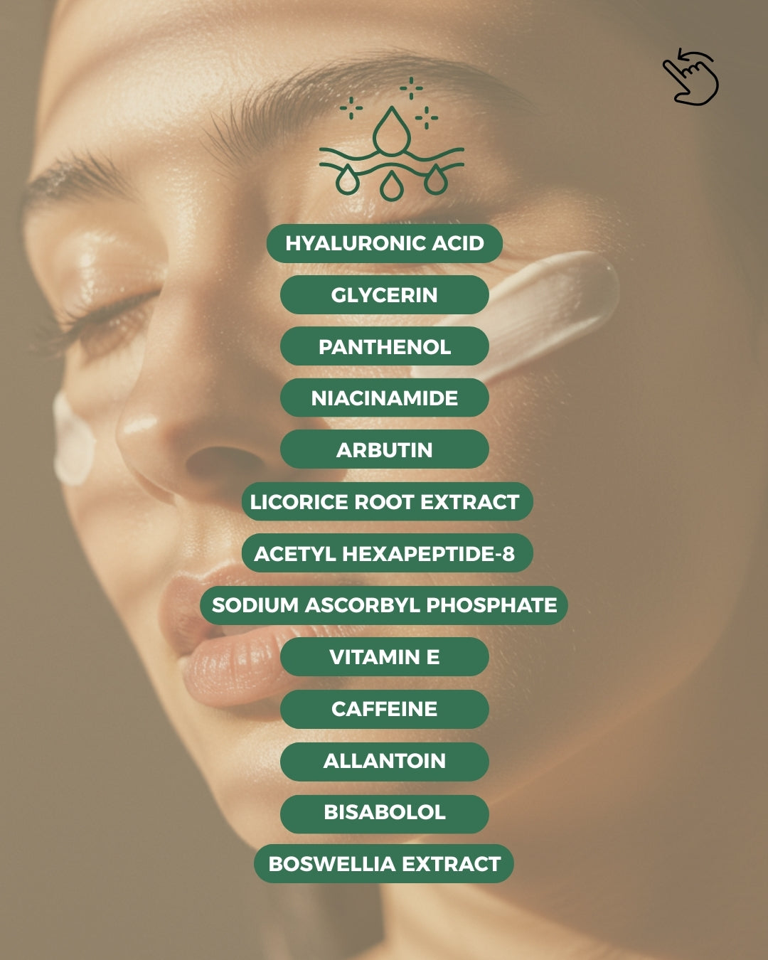 Dr. Tagy OCULi Eye Cream ingredients list displayed on the background of a woman’s face, featuring hyaluronic acid, niacinamide, arbutin, peptides, caffeine, and vitamin C & E.