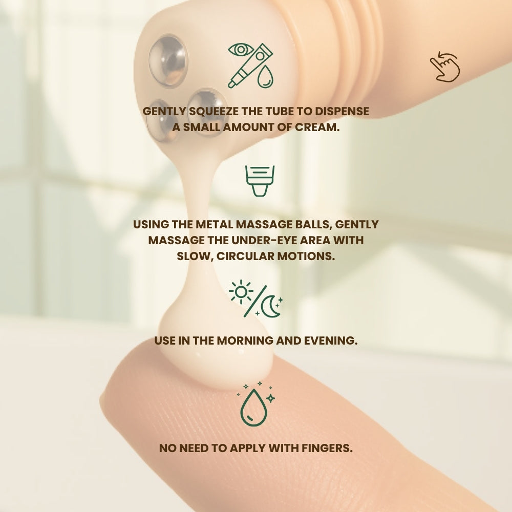 Dr. Tagy OCULi Eye Cream usage guide showing how to apply the cream using metal massage balls under the eyes with gentle circular motions, morning and evening, without using fingers.