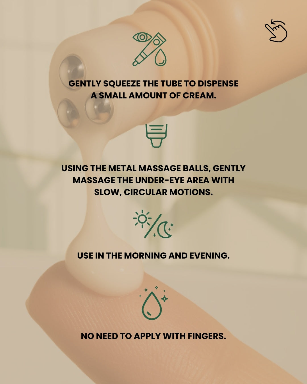 Dr. Tagy OCULi Eye Cream usage guide showing how to apply the cream using metal massage balls under the eyes with gentle circular motions, morning and evening, without using fingers.