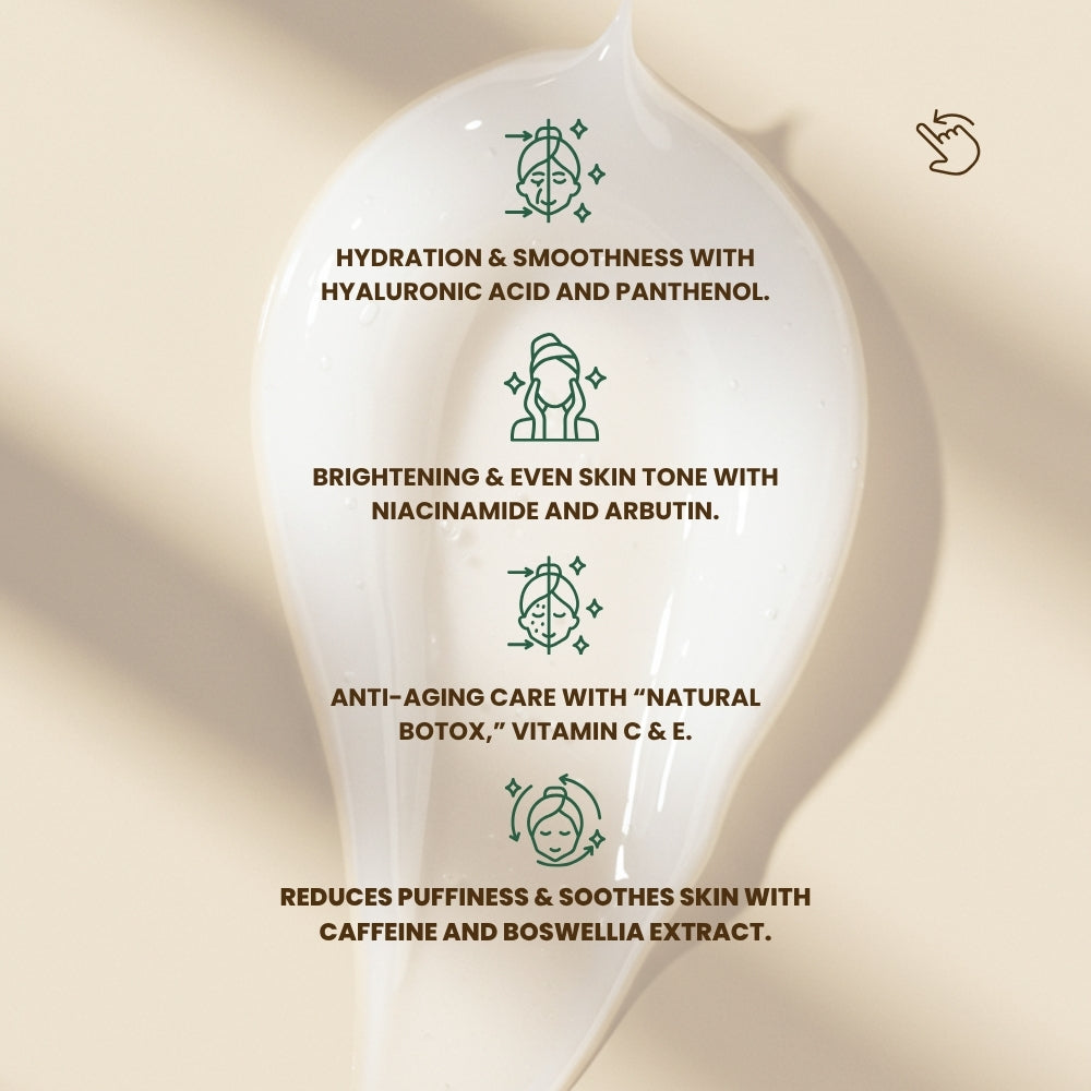 Dr. Tagy OCULi Eye Cream infographic showing key ingredients and benefits: hydration with hyaluronic acid, brightening with niacinamide and arbutin, anti-aging with vitamin C & E, and de-puffing with caffeine and boswellia extract on a beige background.
