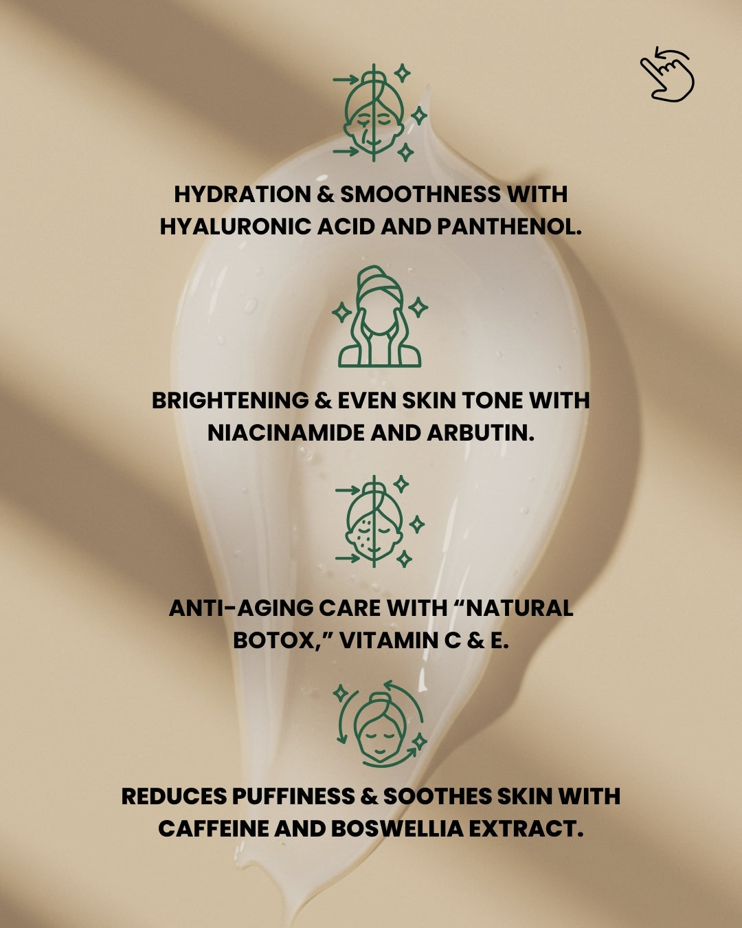 Dr. Tagy OCULi Eye Cream infographic showing key ingredients and benefits: hydration with hyaluronic acid, brightening with niacinamide and arbutin, anti-aging with vitamin C & E, and de-puffing with caffeine and boswellia extract on a beige background.
