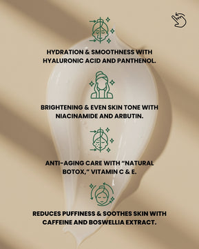 Dr. Tagy OCULi Eye Cream infographic showing key ingredients and benefits: hydration with hyaluronic acid, brightening with niacinamide and arbutin, anti-aging with vitamin C & E, and de-puffing with caffeine and boswellia extract on a beige background.
