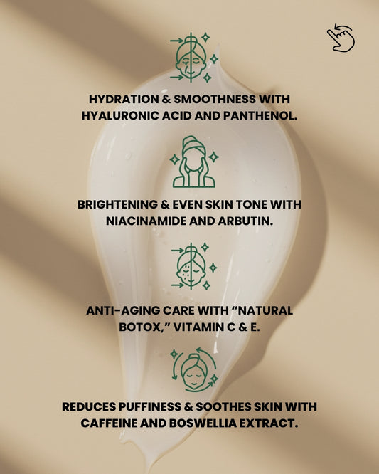 Dr. Tagy OCULi Eye Cream infographic showing key ingredients and benefits: hydration with hyaluronic acid, brightening with niacinamide and arbutin, anti-aging with vitamin C & E, and de-puffing with caffeine and boswellia extract on a beige background.