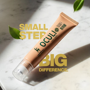 Promotional image of Dr. Tagy OCULi Eye Cream tube with the text ‘Small Step, Big Difference’ on a marble background, symbolizing visible results with daily use.