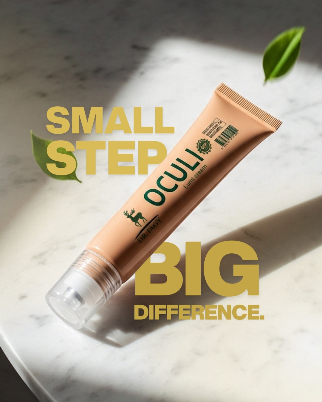 Promotional image of Dr. Tagy OCULi Eye Cream tube with the text ‘Small Step, Big Difference’ on a marble background, symbolizing visible results with daily use.